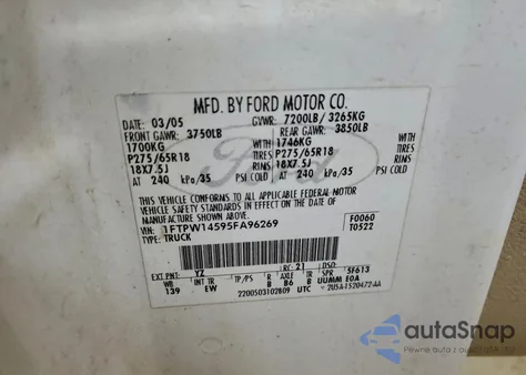 2005 Ford F150 Supercrew z USA, uszkodzony, nr VIN 1FTPW14595FA96269